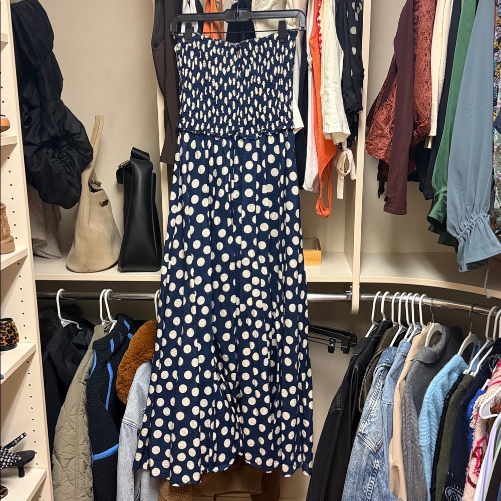 J. Crew Navy and White Polka Dot Strapless Maxi Dress - Picture 3 of 4